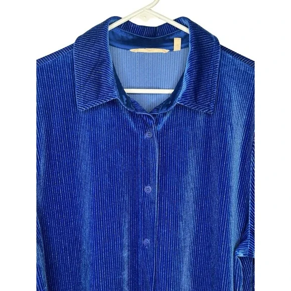 Soft Surroundings Ribbed Metallic Blue Velvet Boyfriend Tunic Button Shirt LARGE - Picture 6 of 9